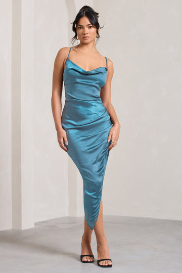 Risk It All Blue Cami Cowl Neck Asymmetric Hem Midi Dress